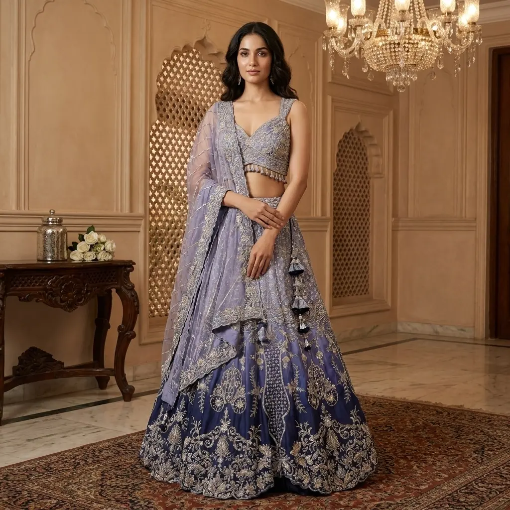 Ombre Lavender and Navy Blue Hand Embroidered Silk Lehenga Set