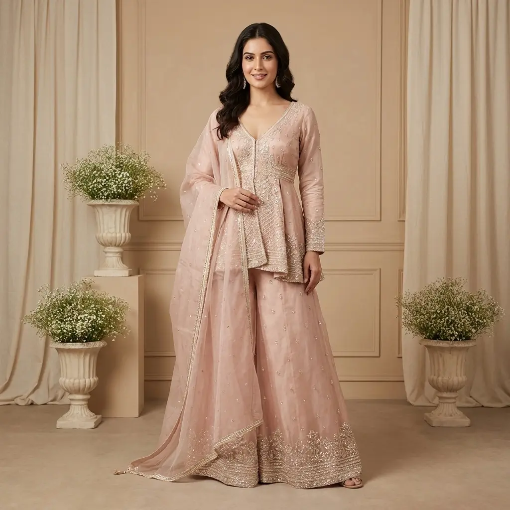 Blush Pink Embroidered Peplum Top with Flared Sharara Set