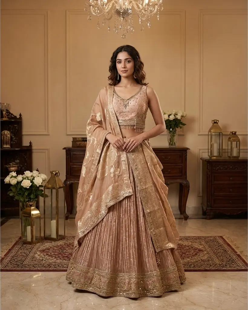 Blush Rose Gold Pleated Tissue Silk Designer Lehenga Set