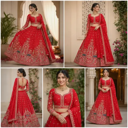 [93318001FZ11E2] Women's Red Embroidered Bridal Lehenga Choli Set with Dupatta