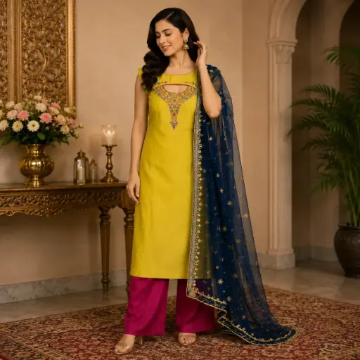 [29604004OQ4974] Women's Mustard Yellow Embroidered Kurta Pant Set with Navy Blue Net Dupatta & Magenta Straight Pants