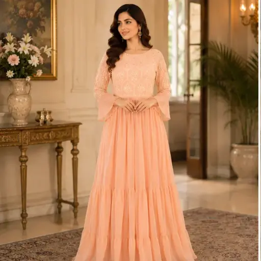 [23305001RB4342] Women's Peach Embroidered Chiffon Gown, Elegant Floor Length Party Wear Dress