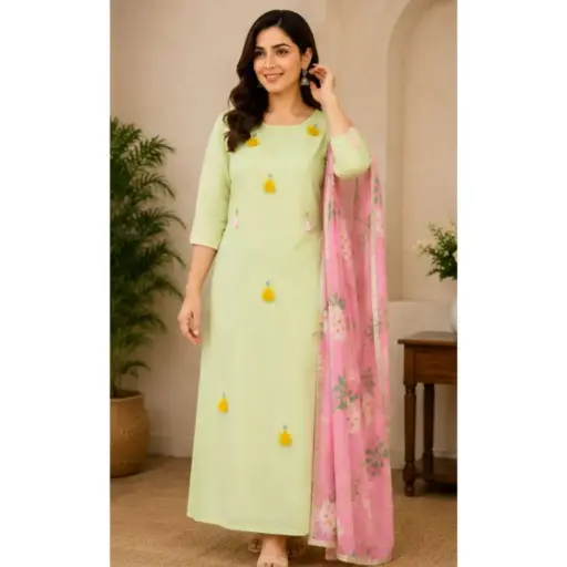 [00125002I82301] Women's Mint Green Kurta with Floral Dupatta Set | Elegant Straight Kurti