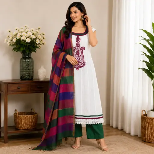 [00125003R90102] Women's White Embroidered Kurta Set with Green Palazzo & Multicolor Dupatta