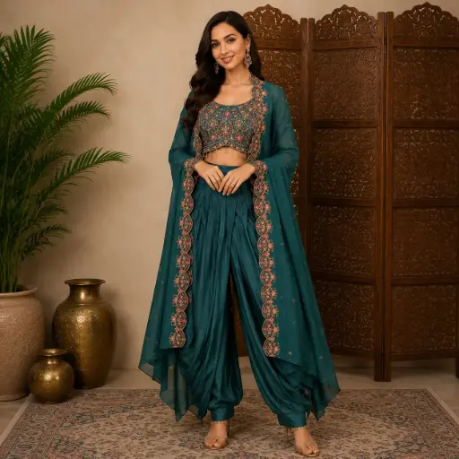 [00925002QL02C2] Women's Teal Embroidered Crop Top Dhoti Sharara Set with Dupatta