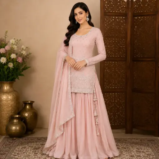 [00925002VL37E6] Women's Blush Pink Embroidered Kurta Sharara Set with Dupatta