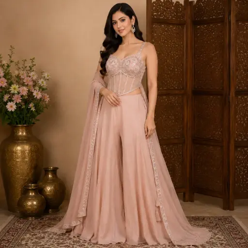 [00925003EN32E7] Women's Blush Peach Embroidered Crop Top Sharara Set with Dupatta