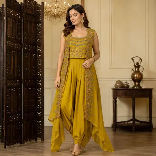 [00925003HV44C2] Mustard Yellow Embroidered Dhoti Style Kurta Set for Women with Floral Jacket Dupatta