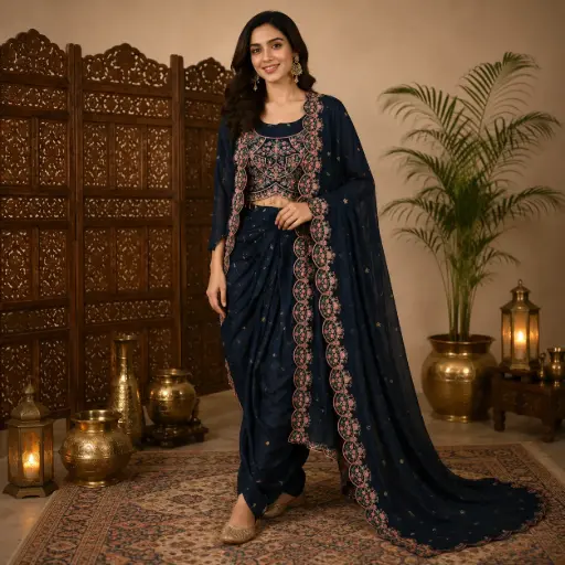 [00925003QL02C2] Women's Navy Blue Embroidered Blouse with Shrug & Dhoti Style Bottom Set