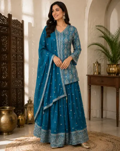 [00925003RH35E5] Women's Teal Blue Embroidered Kurti with Sharara & Dupatta Set