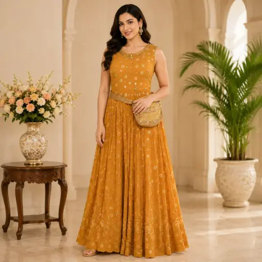 [03025001KS4496] Women's Mustard Embroidered Maxi Gown with Potli Bag