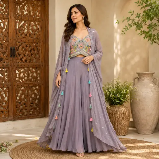 [03025041SI63C2] Women's Embroidered Cape Jacket with Palazzo Set & Crop Top