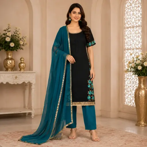 [08925001TN2936] Black Teal Embroidered Kurta Pant Dupatta Set for Women | Ethnic Party Wear Straight Kurti