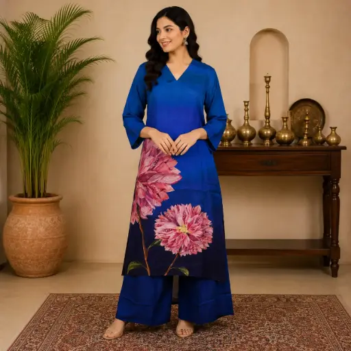 [08925003IA90E5] Women's Royal Blue Floral Printed Kurta Palazzo Set | Elegant V-Neck Ethnic Wear