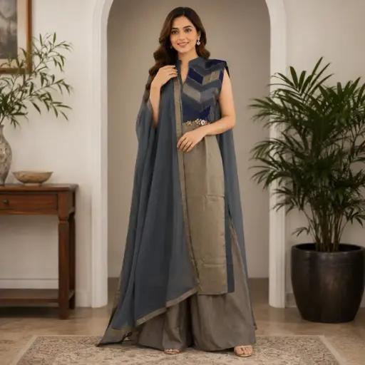 [18025002SI4338] Women's Blue Grey Kurta Palazzo Set with Dupatta | Elegant Chevron Printed Ethnic Suit