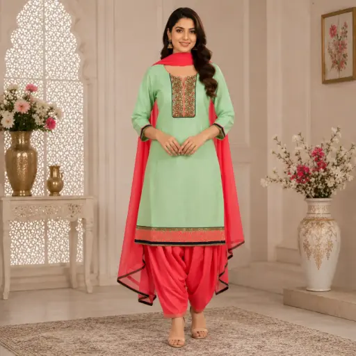 [40525001YT1258] Women's Mint Green Kurta Set with Coral Patiala Salwar & Dupatta