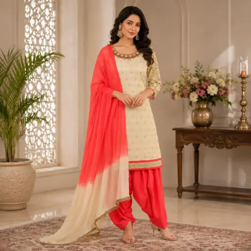 [40525003ZD5958] Cream Embroidered Kurta Patiala Set with Coral Ombre Dupatta