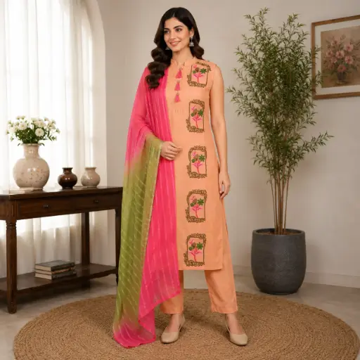 [61825001MW4973] Women's Peach Embroidered Kurta Pant Set with Ombre Dupatta | Designer Ethnic Suit