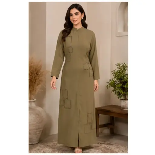 [DRESSES - GTUNIC025] Women's Olive Green Designer Long Kurta Dress | Elegant Embellished Ethnic Maxi Kurti