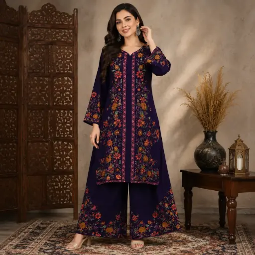 [DRESSES - 0031.0080] Women's Purple Floral Printed Kurta Palazzo Set | Elegant Ethnic Co-Ord Salwar Suit
