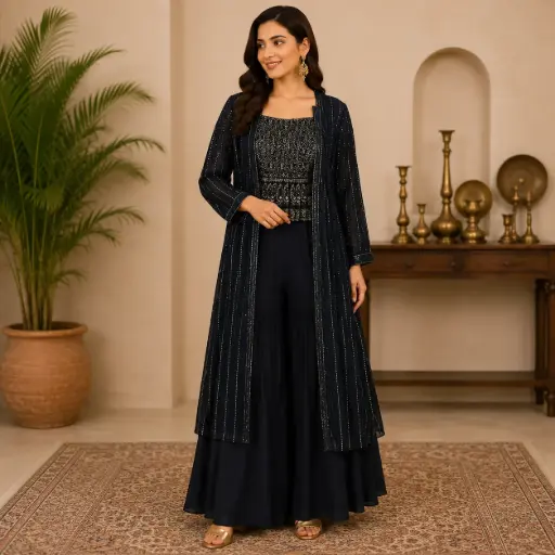 [03027021IF92A7] Women's Black Embroidered Kurta Palazzo Set with Shrug & Flowy Skirt