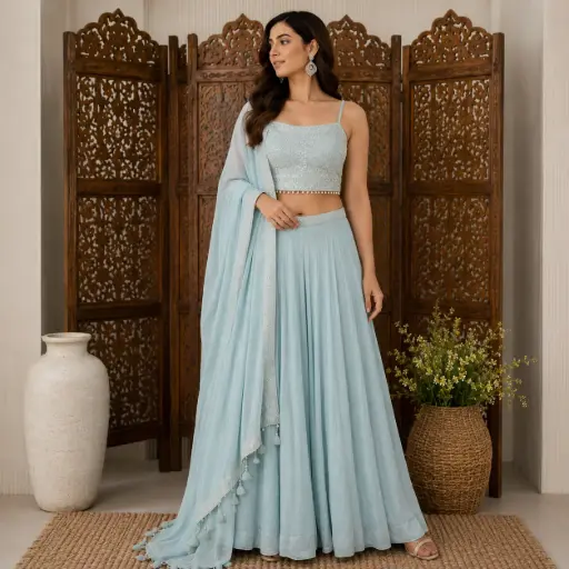 [03027021TO82C2] Women's Sky Blue Embroidered Lehenga Choli Set with Dupatta
