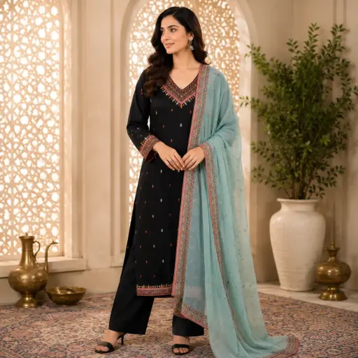 [03027040HW70C2] Women's Black Embroidered Kurta Pant Set with Mint Green Dupatta