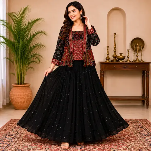 [03027040ZQ99C2] Women's Black Embroidered Crop Top with Flared Skirt Co-Ord Set