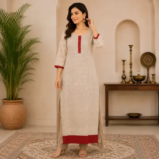 [00126002G23601] Women's Beige Embroidered Straight Kurta with Red Accent Placket