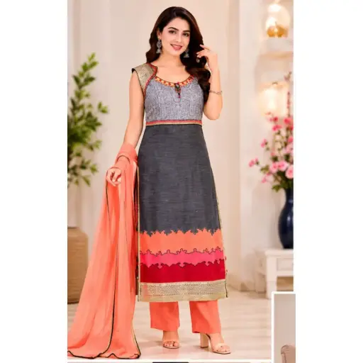 [03026004ZK8823] Women’s Grey Printed Straight Kurta Set with Peach Pants & Dupatta, Ethnic Party Wear Salwar Suit