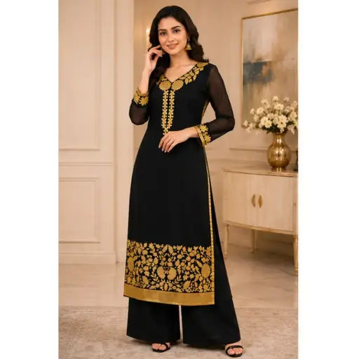 [03926001XA9522] Black Embroidered Palazzo Suit Set with Dupatta for Women | Designer Ethnic Party Wear