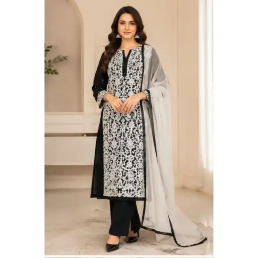 [08926001ZQ4721] Women’s Black & White Embroidered Kurta Palazzo Set with Organza Dupatta