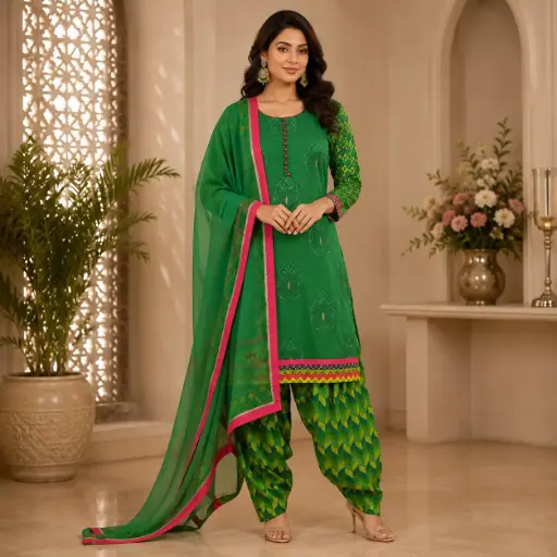 [08926003YL1521] Green Embroidered Patiala Suit Set with Dupatta for Women, Punjabi Ethnic Wear