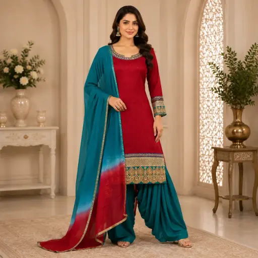 [23626001VU8629] Women’s Red Kurta Teal Patiala Salwar Set with Ombre Dupatta