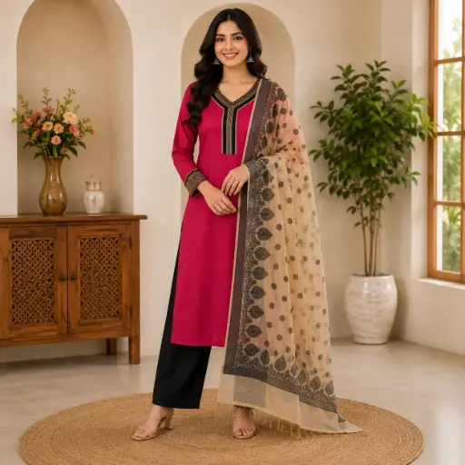 [27026001TO7836] Women's Magenta Straight Kurta Pant Set with Beige Printed Dupatta, Designer Ethnic Wear
