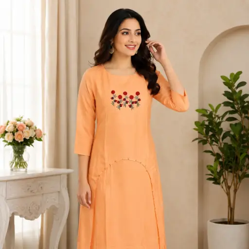 [16507001OF6356] Peach Embroidered Women's Kurti Top | Floral Thread Work | Straight Fit