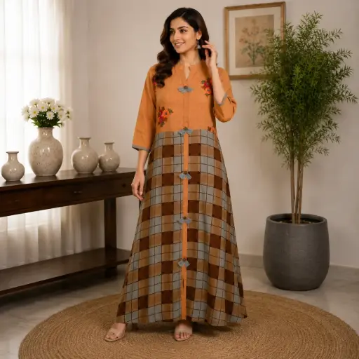 [16507001OF9056] Elegant Orange Floral Embroidered Maxi Dress