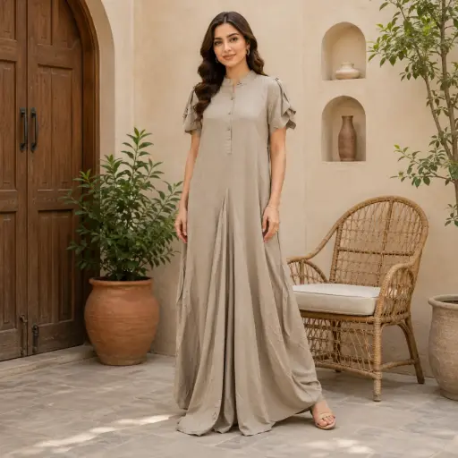 [51707001RF5158] Women's Beige Flared Maxi Dress with Mandarin Collar and Designer Sleeves
