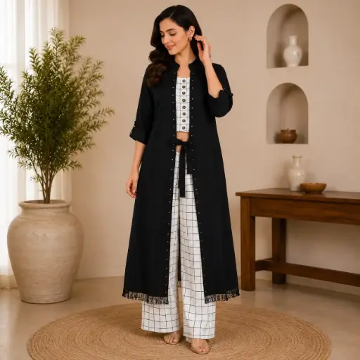[55007001NC0360] Elegant Black & White Co-Ord Set for Women with Long Shrug, Checked Inner Top and Palazzo Pants