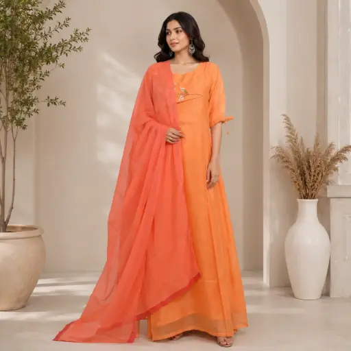 [56507001ZD4171] Peach Orange Embroidered Anarkali Gown Set with Soft Organza Dupatta