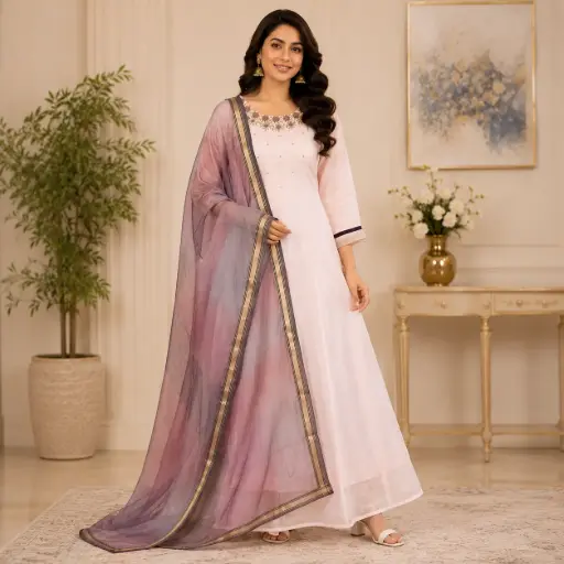 [56507001ZH8074] Women’s Blush Pink Embroidered Anarkali Gown with Organza Dupatta