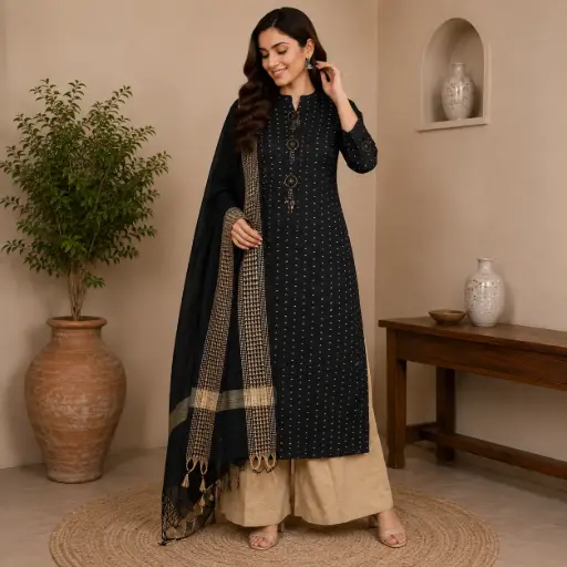 [DRESSES - K6-483-4] Women's Black Ethnic Kurta Set with Dupatta & Palazzo | Elegant Party Wear Salwar