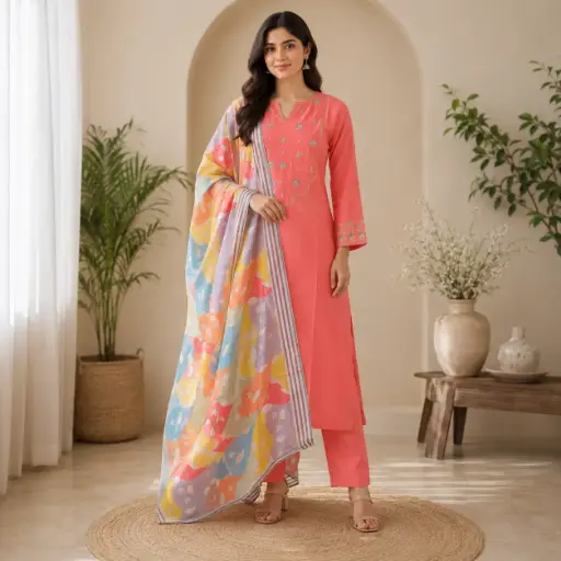[68107001ZH3196] Women's Coral Pink Embroidered Kurta Pant Set with Multicolor Floral Dupatta