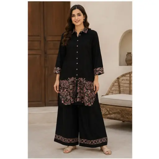 [03143002FU86E1] Women's Black Embroidered Co-Ord Set with Designer Kurti and Wide Leg Palazzo Pants