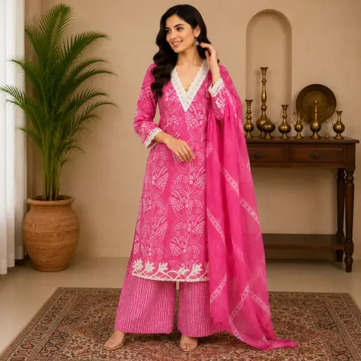 [03143090FU79E1] Women's Pink Floral Printed Kurta Palazzo Set with Dupatta | Elegant Ethnic Suit for Festive