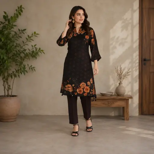 [68543003LV80E2] Women's Floral Printed Straight Kurti Pant Set | Elegant Ethnic Wear with 3/4 Sleeves