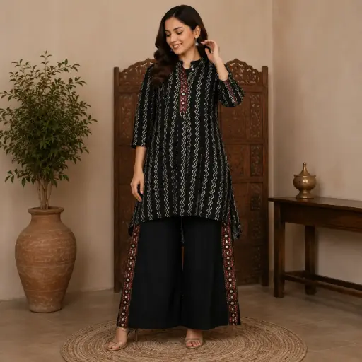 [DRESSES - 4048] Women's Black Printed Kurta Palazzo Set | Elegant Ethnic Co-Ord Outfit
