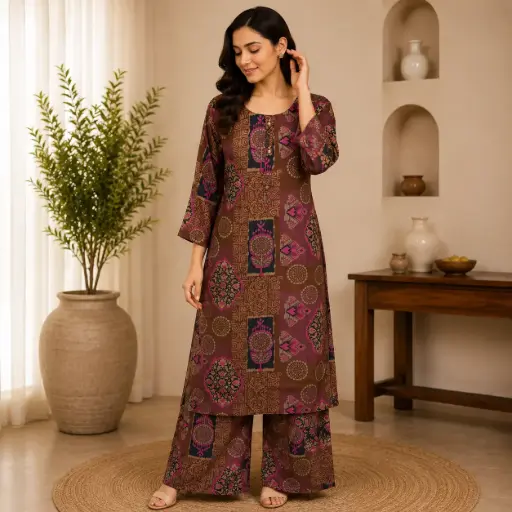 [68543075FY03E2] Elegant Brown & Magenta Printed Co-Ord Set for Women with Straight Kurta and Palazzo Pants