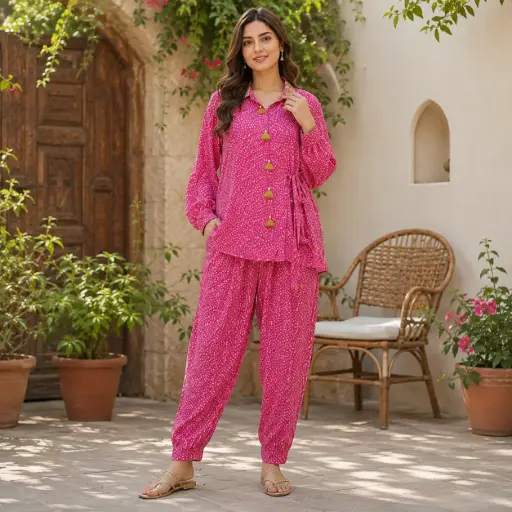 [79543003IY70B5] Women's Pink Printed Co-Ord Set with Stylish Long Shirt Top and Comfortable Pant Style Bottom