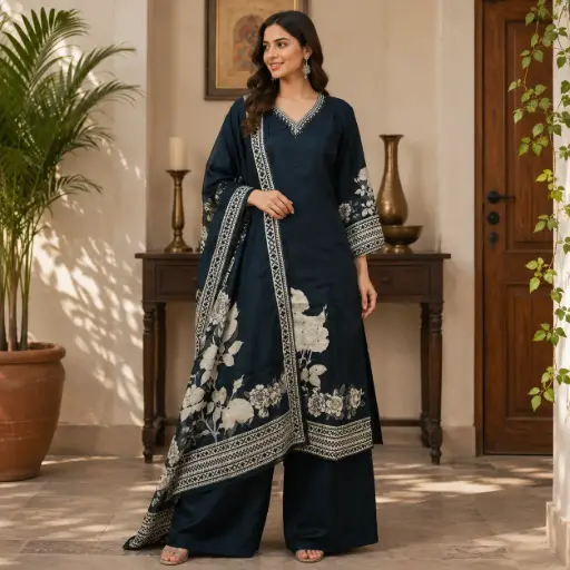 [85943074EG94E4] Women's Navy Blue Printed Kurta Palazzo Dupatta Set | Elegant V-Neck Ethnic Suit